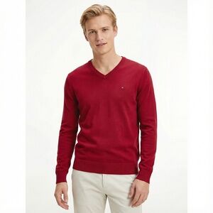 Men's Tommy Hilfiger V-neck sweater in burgundy, size S.
